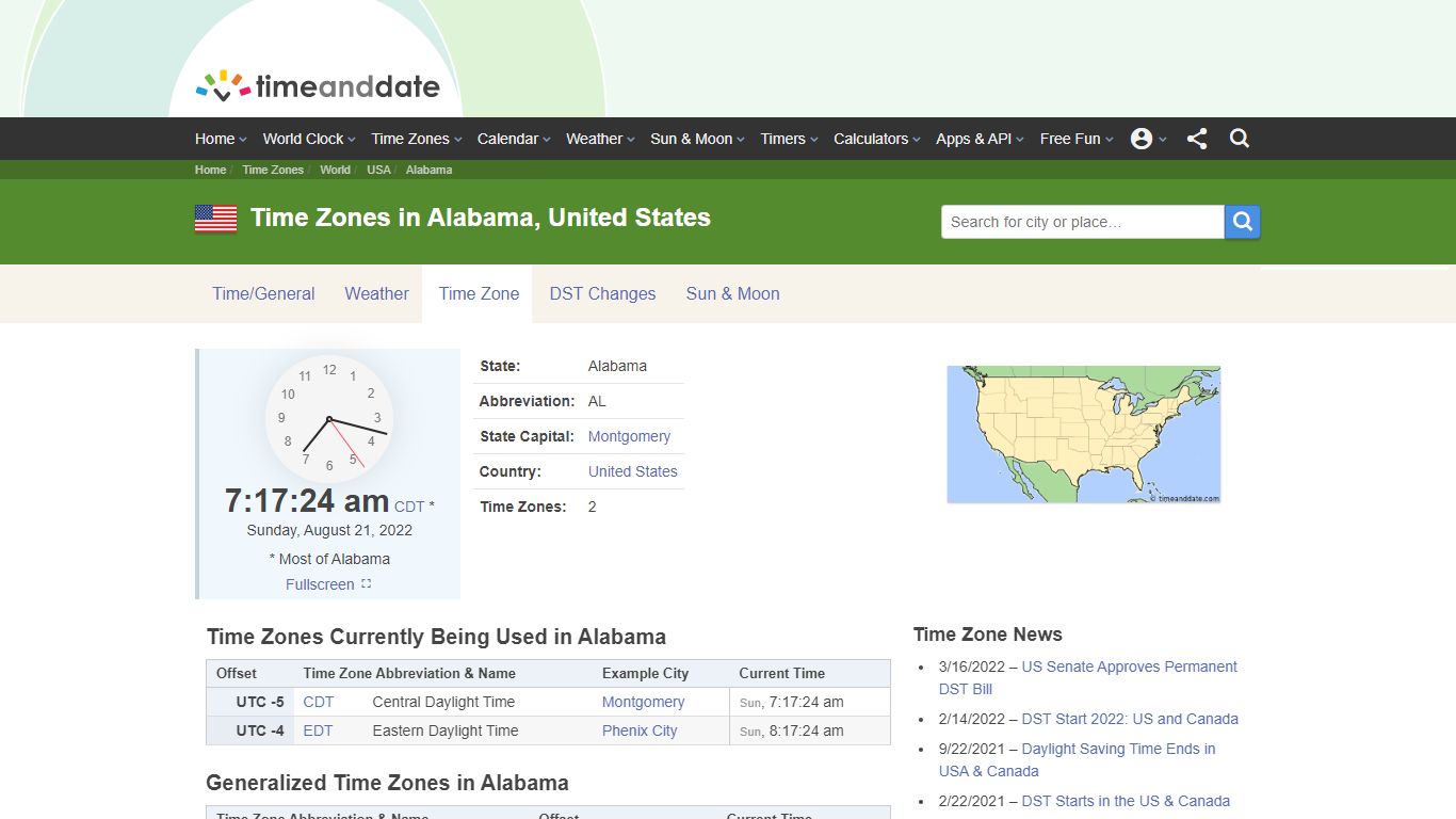 Time Zones in Alabama, United States - Time and Date